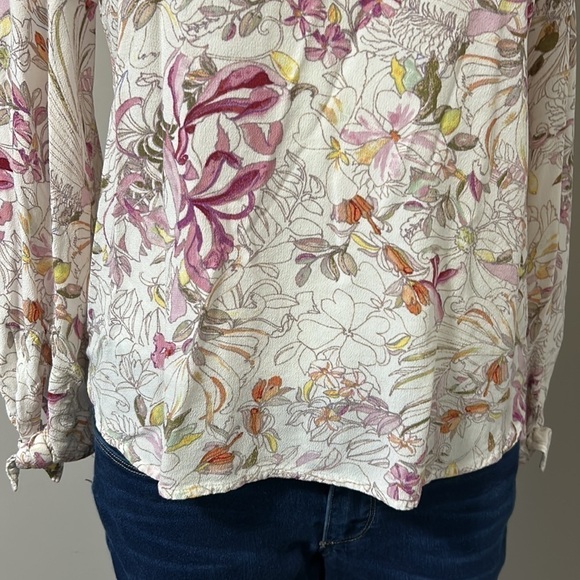 Anthropologie Maeve Pernille Floral Blouse vneck Tie Sleeve Cream Purple Sz S - Picture 7 of 14